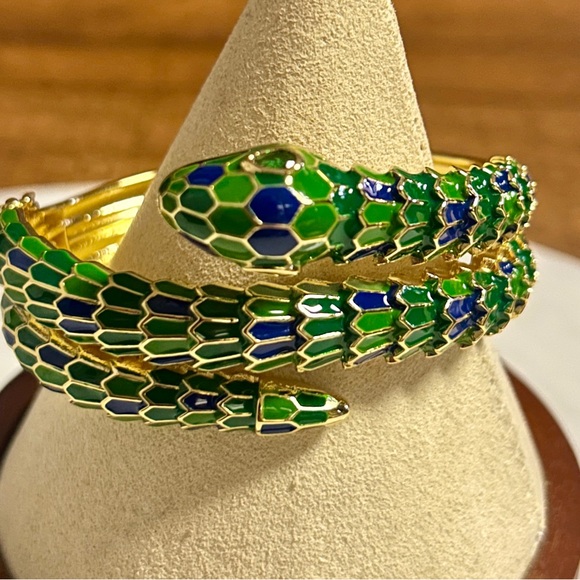 Rachel Glauber 14K Gold Plated W/ Green/Blue Cubic Zirconia 3D Serpent Bracelet - Picture 2 of 16